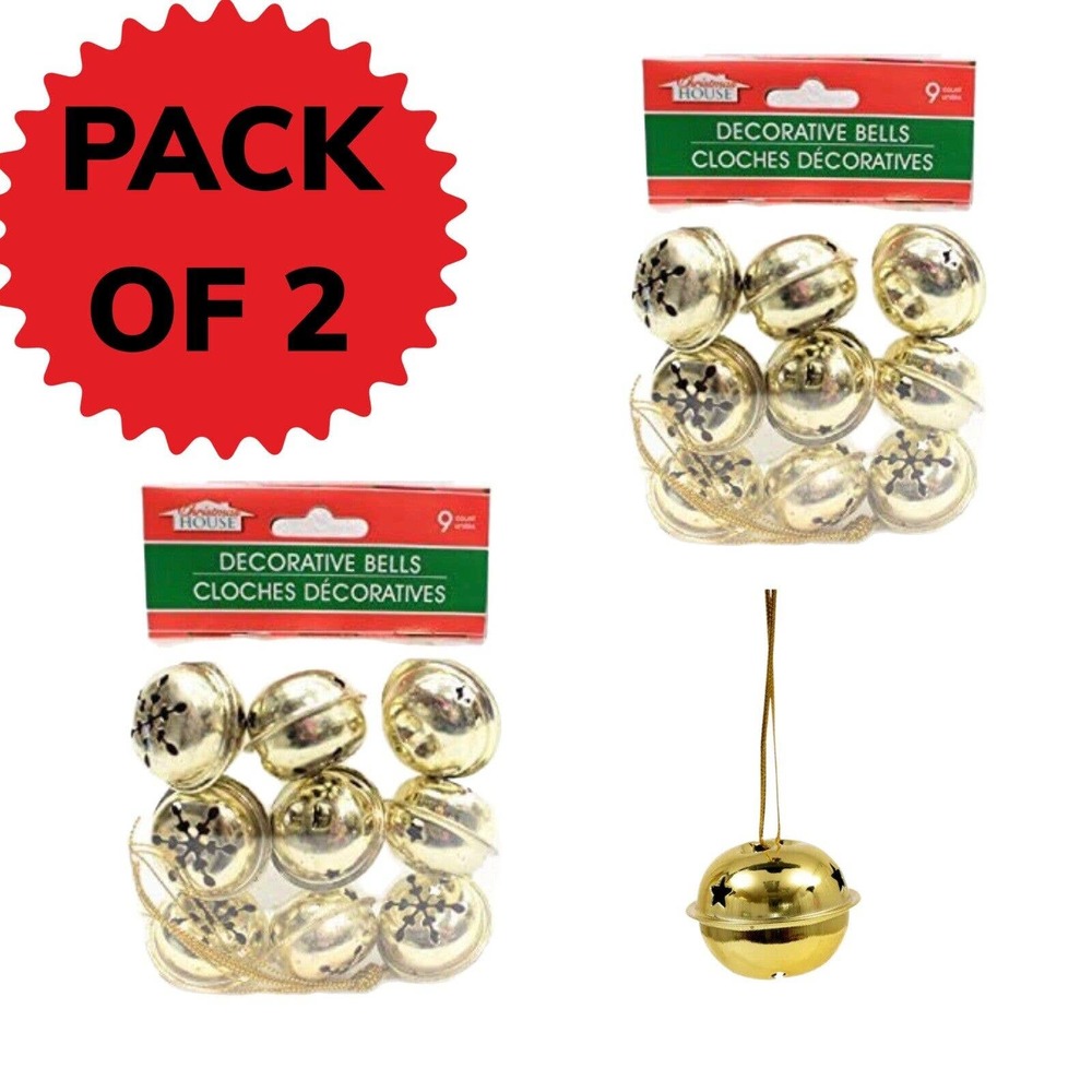 Set Of 2 Holiday Jingle Bell Decor Set 9 Bells Each (18 Total) Gold Snowflake